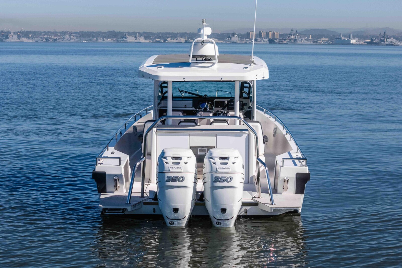 Twin Mercury Verado 350hp outboards on the stern of the Axopar 37 Mini Mahana