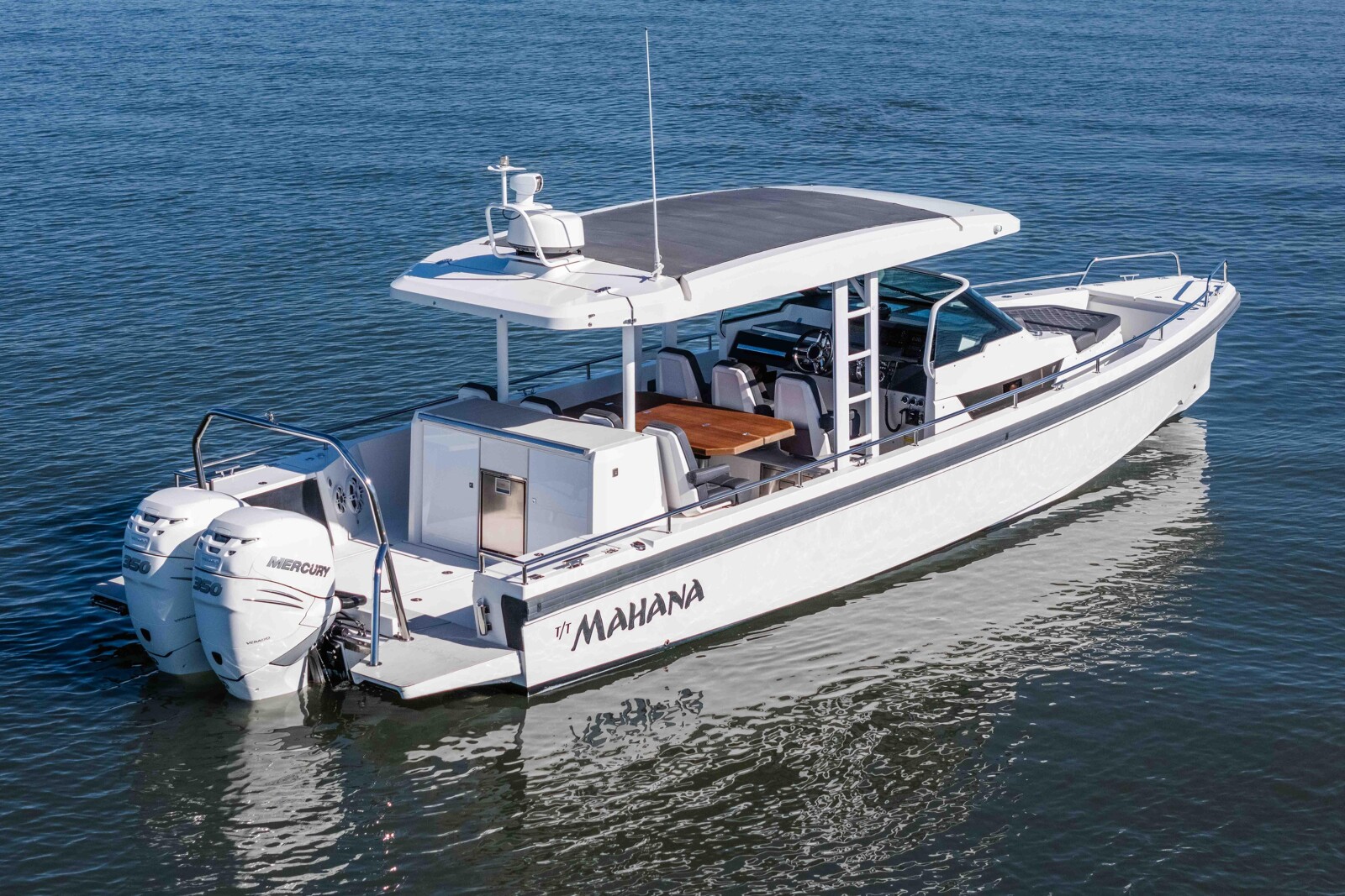 Axopar 37 sport cabin boat Mini Mahana for sale in San Diego, twin Mercury Verado 350 outboards, 48-knot top speed