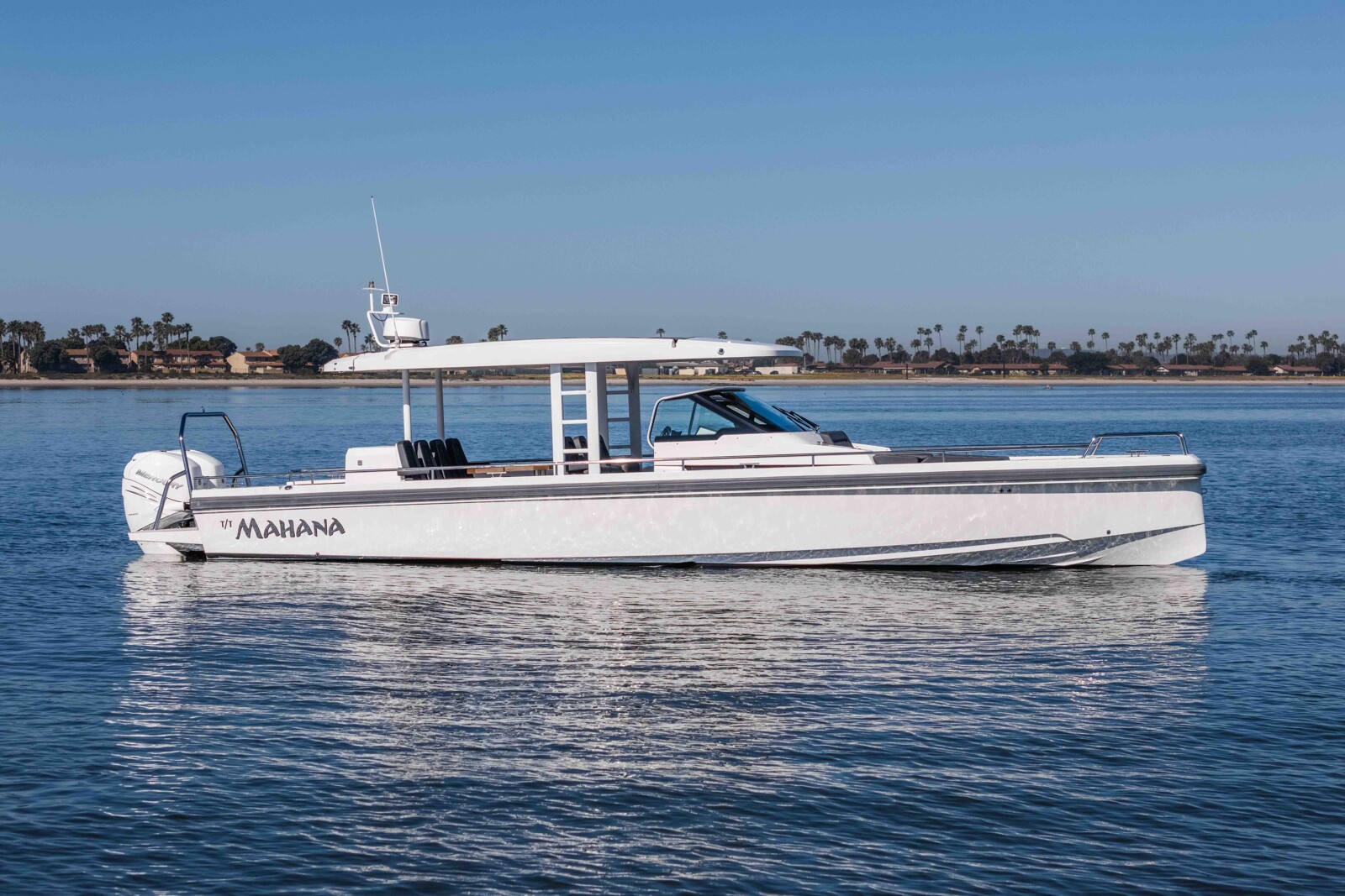 Profile of Mini Mahana, 2018 Axopar 37 sport boat for sale in San Diego with twin Mercury Verado 350 outboards