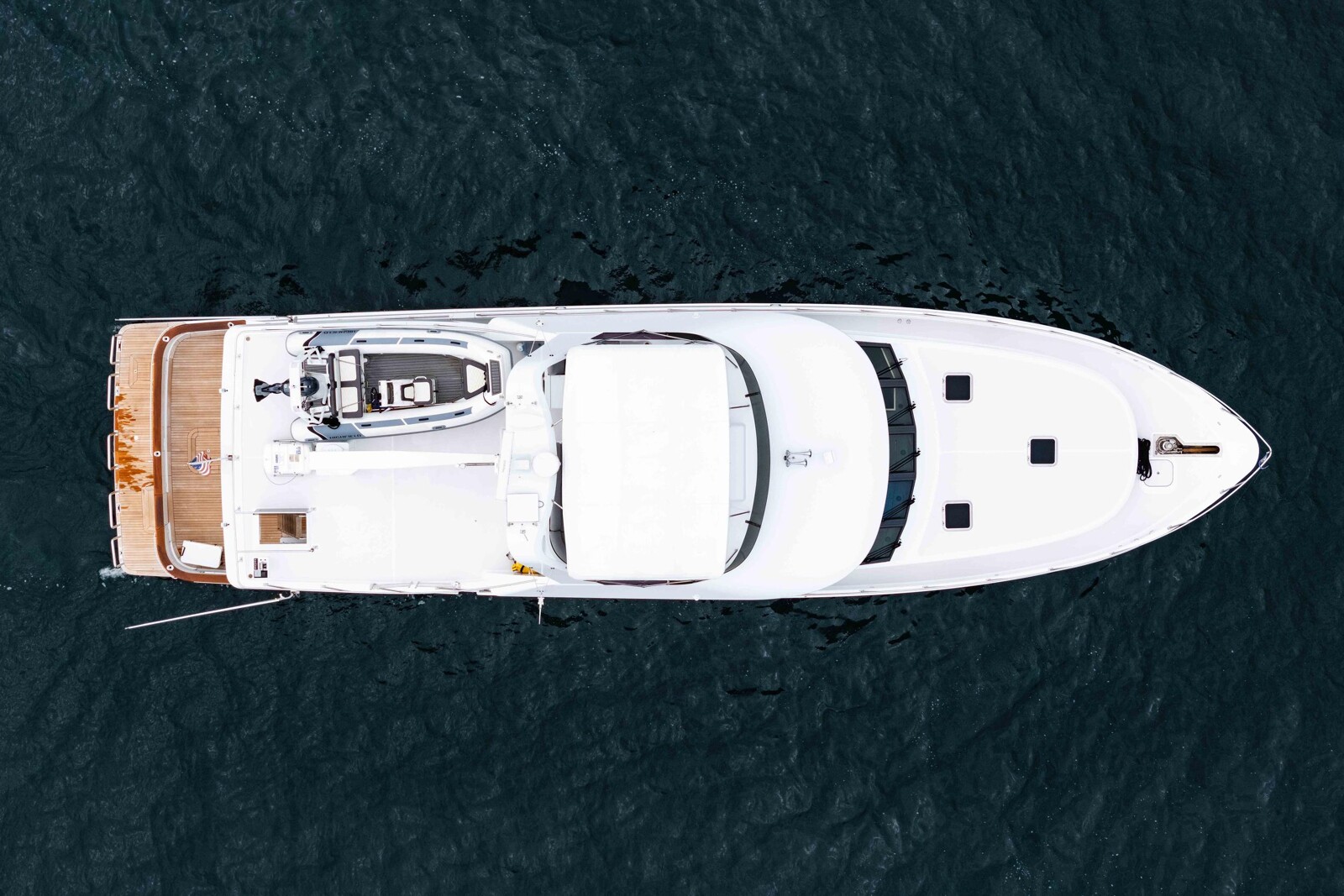 Aerial overhead view of the 74-foot Nordlund motor yacht Following Sea II