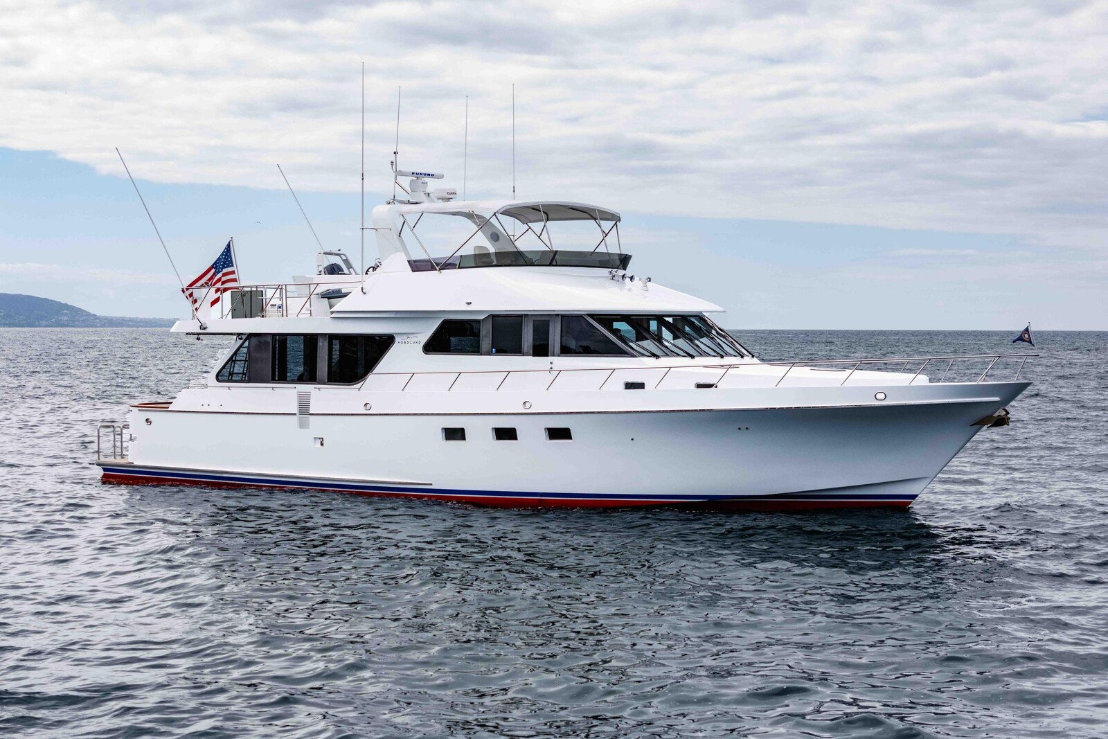 Starboard profile of Following Sea II, 74-foot Nordlund pilothouse motor yacht for sale after 2025 refit