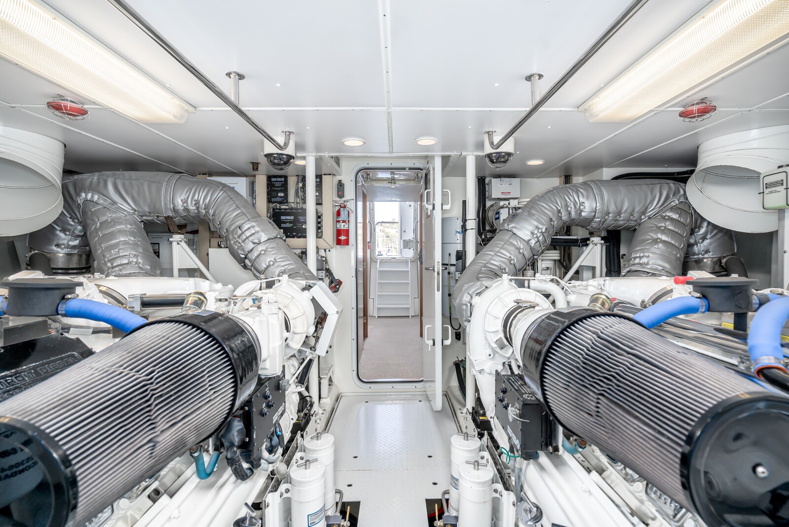 Engine room of West Bay SonShip 78 Mahana with twin Detroit Diesel 1,350hp engines, serviced 2026