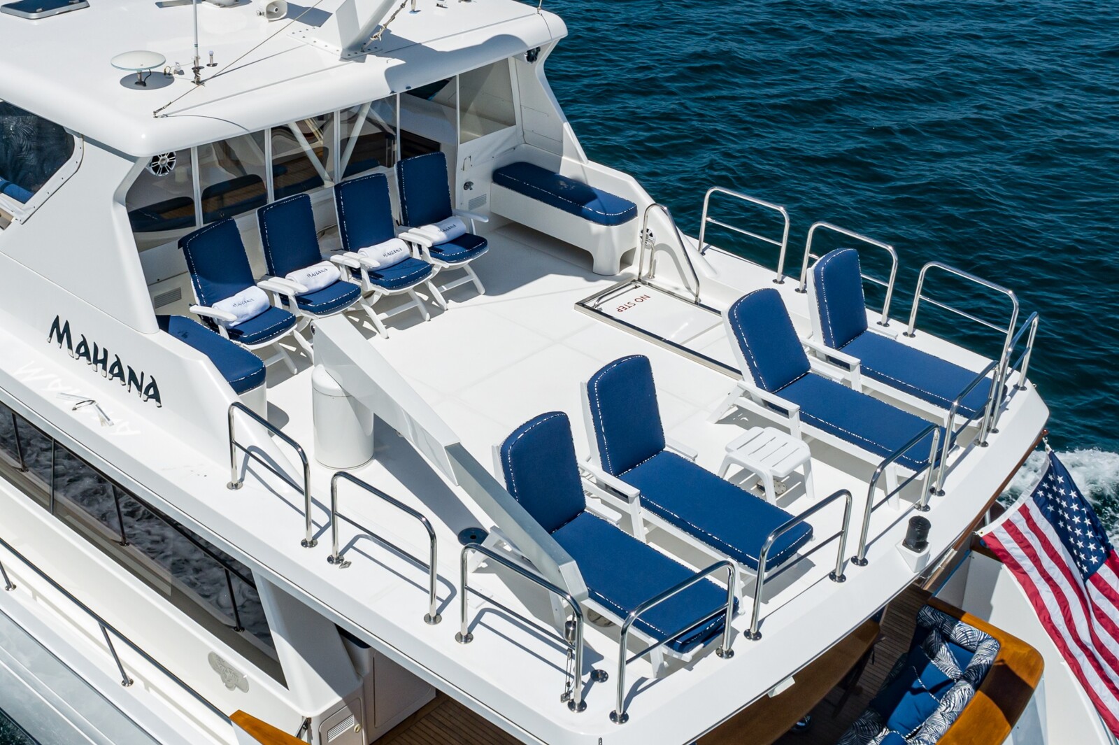 Sun deck and boat deck of the 78-foot pilothouse yacht Mahana