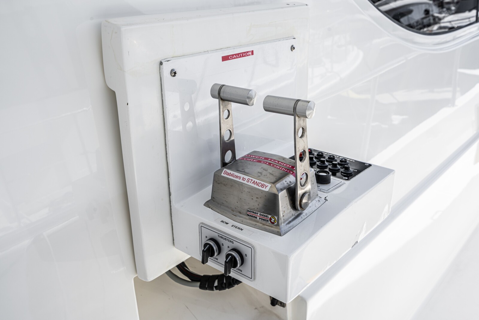 Wing station controls for close-quarters docking aboard West Bay SonShip 78 Mahana